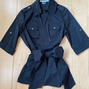 Diane von Furstenberg wrap tunic w/epaulets, button tab convertible 3/4 sleeve.